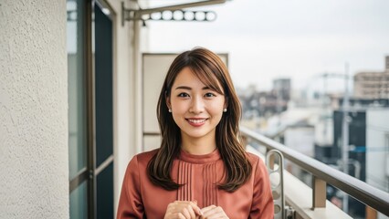 ベランダに立ち正面を向いて手を組み微笑む女性