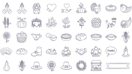 Fototapeta premium Hand Drawn Thanksgiving Holiday Icons Collection Outline Vector Set Harvest Season Elements