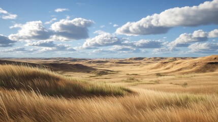 Fototapeta premium Serene Golden Grassland Under Expansive Blue Sky with Fluffy Clouds and Rolling Hills for Nature Lovers and Landscape Photography Enthusiasts