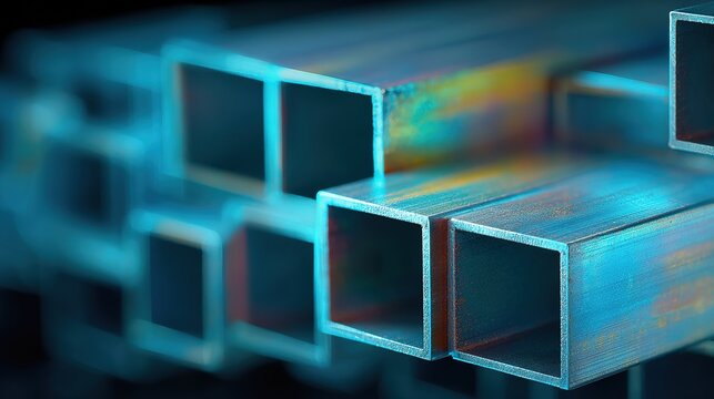 Metal square tubes stacked together in a workshop setting showing unique colors and textures, highlighting the surface of the materials - Powered by Adobe