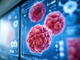 closeup view of vibrant red microorganisms drifting on a digital display with a scientific backdrop conceptual image representing advancements in technology biology and scientific exploration