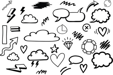 Obraz premium A collection of various cartoon icons and symbols isolated on transparent background featuring silhouette