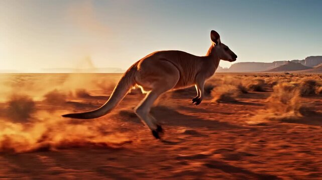 Kangaroo Hopping Through Australian Outback at Sunset.