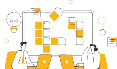 Two business professionals working on laptops in modern office setting with innovative ideas