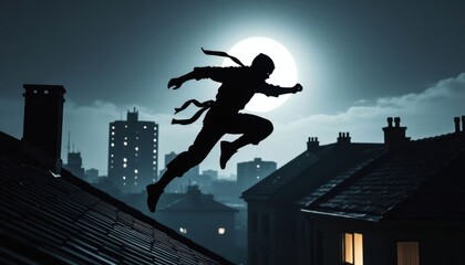Ninja rooftop moon silhouette