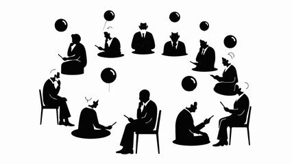 Diverse group of people in silhouette gathered in a circle, absorbed in their digital devices.