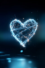Digital heart illustration composed of glowing lines and particles, set against a dark background, symbolizing love, connection, and technology in a modern context