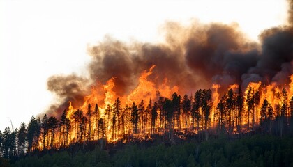 forest fire engulfing trees dramatic flames on isolated background