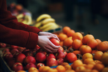 Hands of a person in a red sweater selecting a fresh apple from a vibrant fruit market, surrounded by oranges and bananas, showcasing the essence of healthy eating
