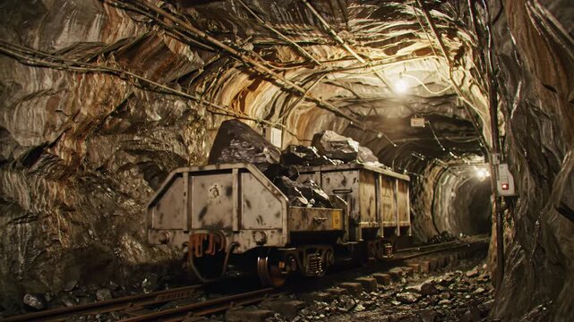 Grimey, low-angle video of a mine tunnel. Industrial metal cart moves coal on rusty tracks under warm orange light. Relentless underground mining concept
