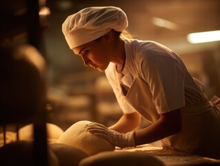 a skilled female baker expertly shaping bread dough into a perfect loaf