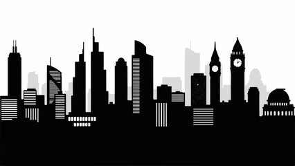 Modern city skyline silhouette at dusk with iconic clock tower