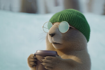 Cute cartoon animal character wearing green beanie and glasses, holding a coffee cup, in a snowy winter landscape, showcasing a cozy and playful atmosphere