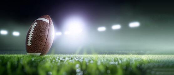 American football resting on vibrant green grass field under stadium lights, creating an energetic atmosphere for sports enthusiasts and players alike