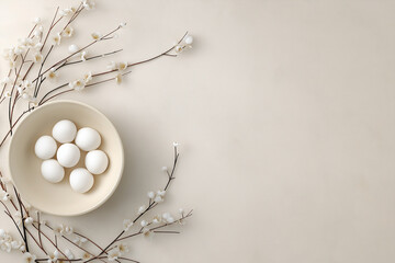 White eggs arranged in a round bowl surrounded by delicate branches and blossoms on a soft beige background, creating a serene and minimalistic aesthetic for seasonal decor