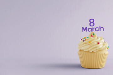 Cupcake with creamy frosting and colorful sprinkles, topped with a date marker for International Women's Day, featuring soft pastel background and inviting atmosphere