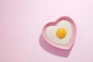 Heart-shaped dish with raw egg and egg white on a soft pink background, creating a playful and romantic culinary concept for food lovers and creative cooking enthusiasts
