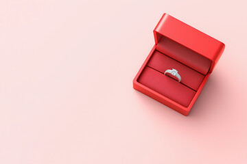 Elegant diamond ring displayed in a luxurious red jewelry box on a soft pink background, symbolizing love and commitment, perfect for engagement or wedding celebrations