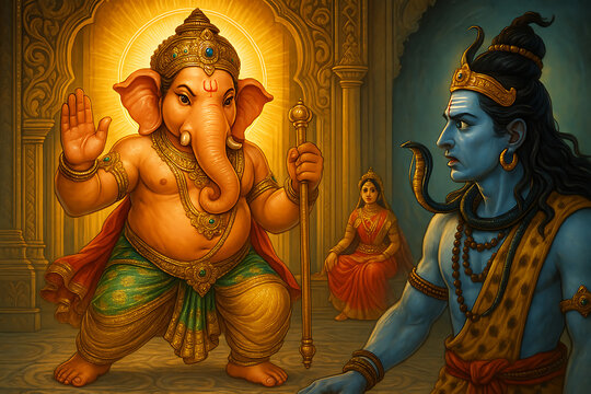 A vibrant depiction of lord ganesha blessing shiva with goddess parvathi present showcasing intricate details and divine energy