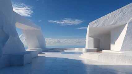 Architectural Oasis Under Blue Sky: A modern, minimalist structure, bathed in sunlight, overlooks a tranquil ocean under a clear, azure sky, creating a serene and captivating vista.