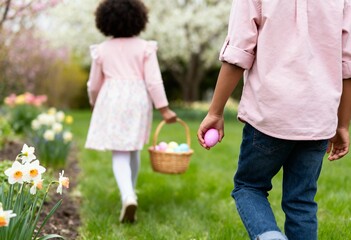 African American children participating in an Easter egg hunt in a blooming spring garden. Girl walking with a basket of colorful eggs. Boy holding a pink egg. Spring holiday tradition concept