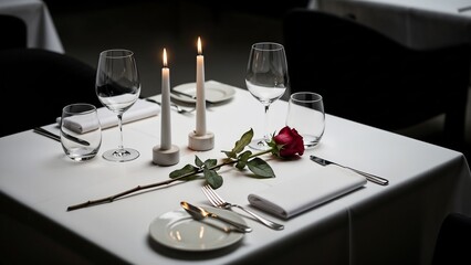 Romantic dinner table with candles and single rose flower