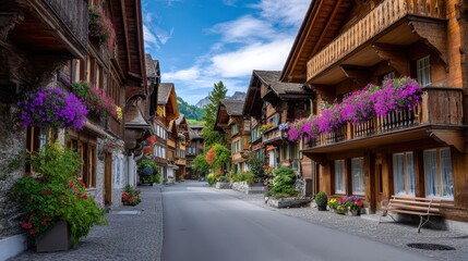 Traditional Swiss Village Street with Blooming Flowers and Chalets