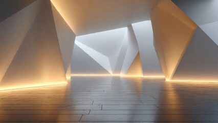 Geometric Illuminated Architecture: A captivating view of an avant-garde architectural space, defined by striking geometric forms and bathed in the gentle glow of internal lighting