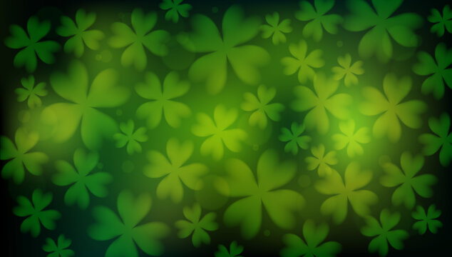 Abstract irish shamrock clover background with green bokeh lights. Vector illustration of st patricks day festive overlay with soft glowing lucky leaves for modern holiday design. - Powered by Adobe