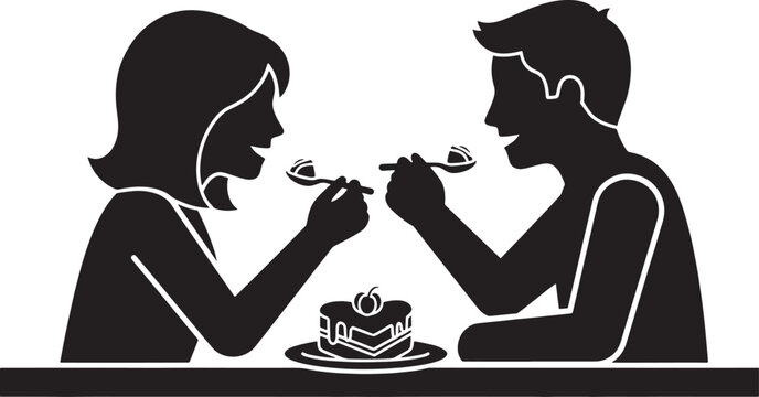 Couple sharing a slice of cake with cherry on using spoons silhouette dessert