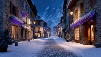 Naklejka premium Cozy Snowy Village Street at Night with Christmas Lights