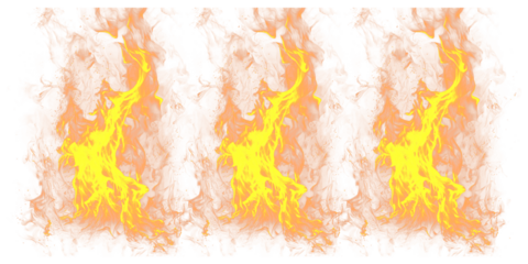 A vibrant and dramatic illustration of three identical flames on a transparent background