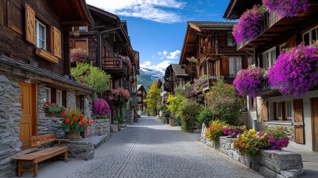 Traditional Swiss Village Street with Wooden Chalets and Flowers