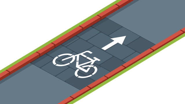 Isometric bike lane design with arrow and bicycle symbol on paved pathway