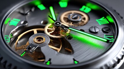 Close-Up of Luxury Skeleton Watch with Glowing Green Accents