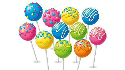 Colorful cake pops with various toppings isolated on a transparent background