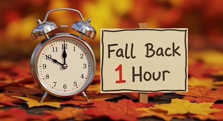 Daylight saving time change sign and alarm clock on autumn leaves