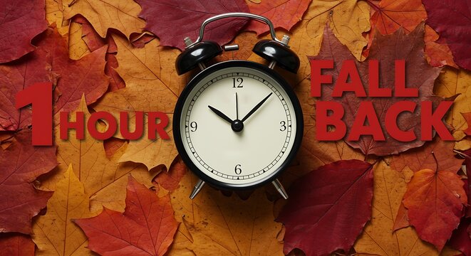 Daylight saving time change reminder with autumn leaves and clock - Powered by Adobe