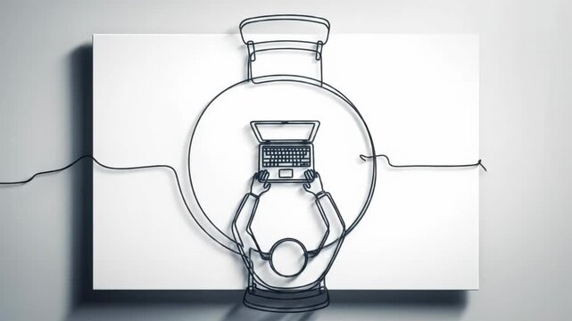 Overhead static video: an elegant black line draws abstract human with laptop at minimalist table on pure white canvas, then unravels. Concept of creative process and design