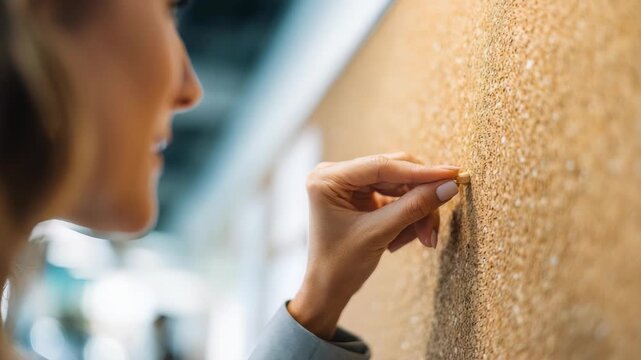 A female hand is seen attaching a pushpin to a corkboard, symbolizing planning, organization, and productivity. The blurred background suggests a contemporary workspace setting