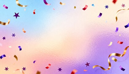 Festive background with colorful confetti and gold streamers on pastel foil texture. Party celebration frame with stars and ribbons. Copy space for text