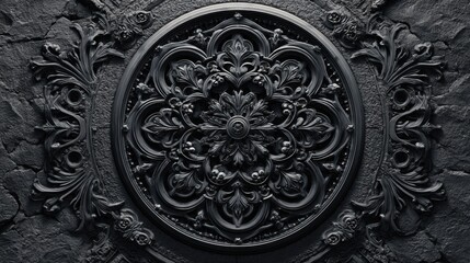 Intricate carved stone features create a symmetrical background with detailed patterns, showcasing design origins and craftsmanship in this work.