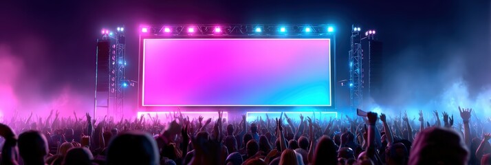 Vibrant Music Concert Crowd with Blank Screen and Neon Stage Lights