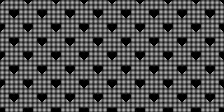 Black heart lace mesh seamless pattern. Vector background of tulle net texture with polka dot hearts. Trendy coquette aesthetic and gothic romance backdrop for fashion design.