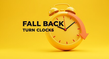 Yellow alarm clock with fall back turn clocks text on yellow background