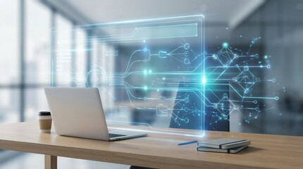 Office workspace featuring a sleek laptop on a wooden desk, holographic interface and network projections for ai driven data visualization to support collaborative decision making