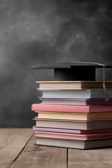 Stack of Pastel Textbooks with Mortarboard on Wooden Surface