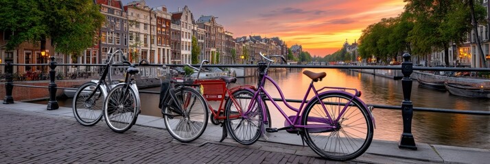 Amsterdam Canal with Bicycles at Sunset