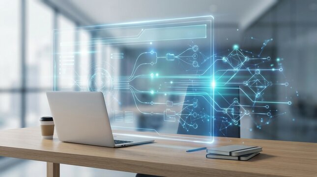 Office workspace featuring a sleek laptop on a wooden desk, holographic interface and network projections for ai driven data visualization to support collaborative decision making - Powered by Adobe