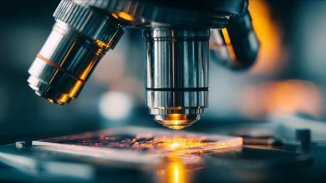 A high resolution image shows the detailed lens of a microscope focusing on a specimen slide, highlighting laboratory precision. The scene represents cutting edge science and technology in research
